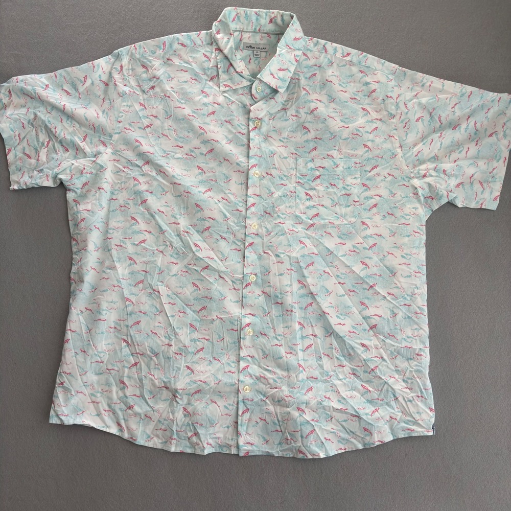 Peter Millar Mens XL Koi Fish Print Short Sleeve Button Down Shirt Pink Blue